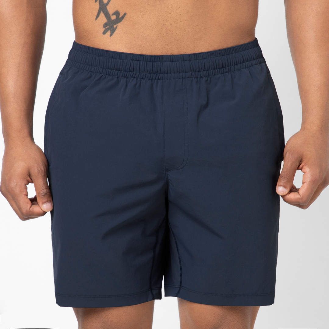 Atlas Short 7 Navy close up front on model
