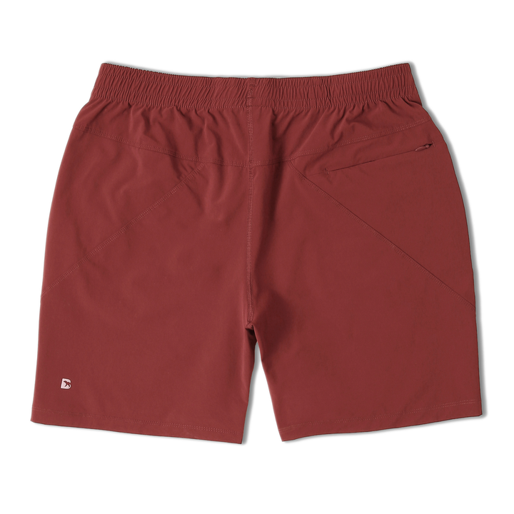 Atlas Short 7" Maroon Back with elastic waistband, back right zippered pocket, and small reflective logo of Bear drawn inside the letter B in bottom left corner