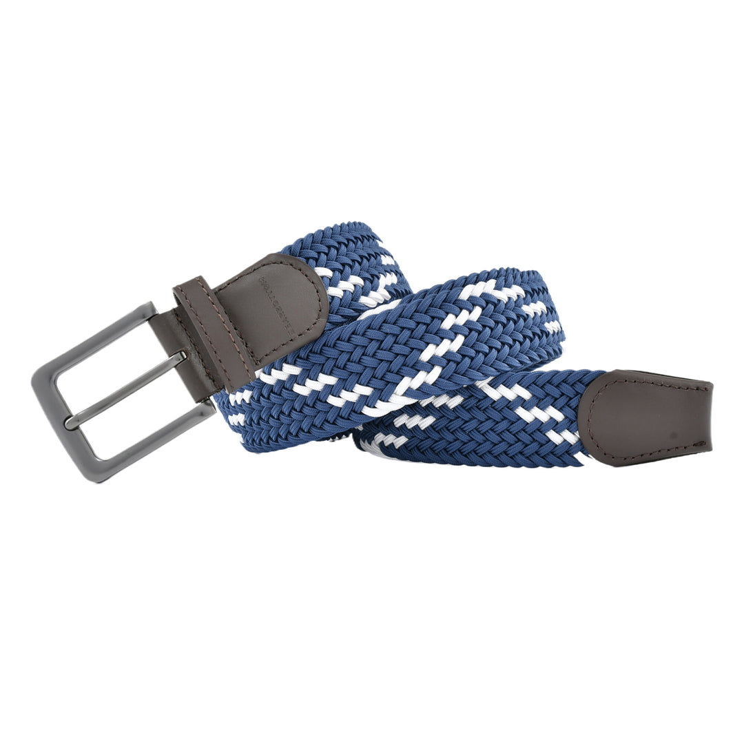 Stretch Woven Belt Navy and White with Genuine Leather Trim and Debossed Logo
