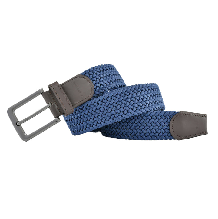 Stretch Woven Belt Blue with Genuine Leather Trim and Debossed Logo