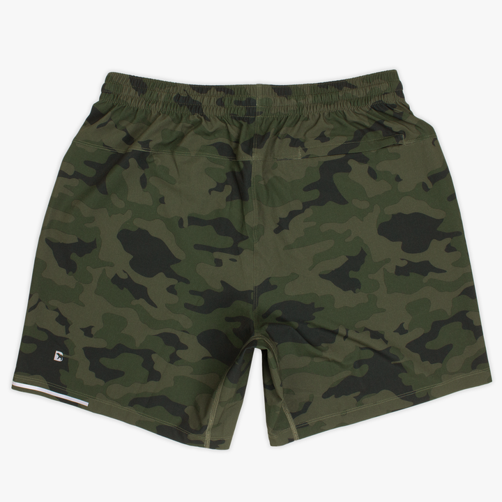 Run Short v2 7" Camo Green back with elastic waistband, back right hidden zipper pocket, reflective line on bottom left hem, and reflective Bear B logo on bottom left leg