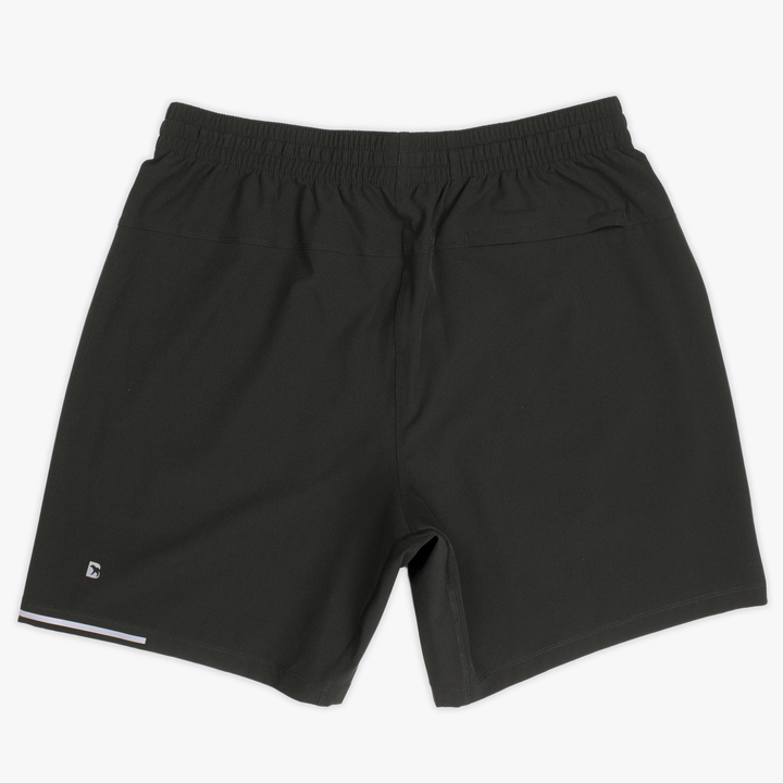 Run Short v2 7" Black back with elastic waistband, back right hidden zipper pocket, reflective line on bottom left hem, and reflective Bear B logo on bottom left leg