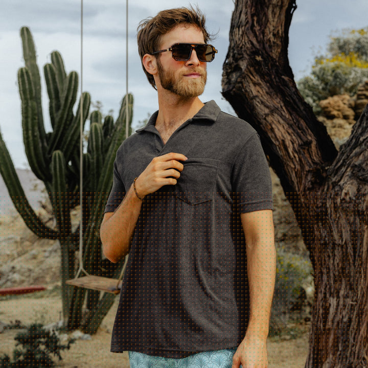 Coastal Terry Polo Dark Grey on model
