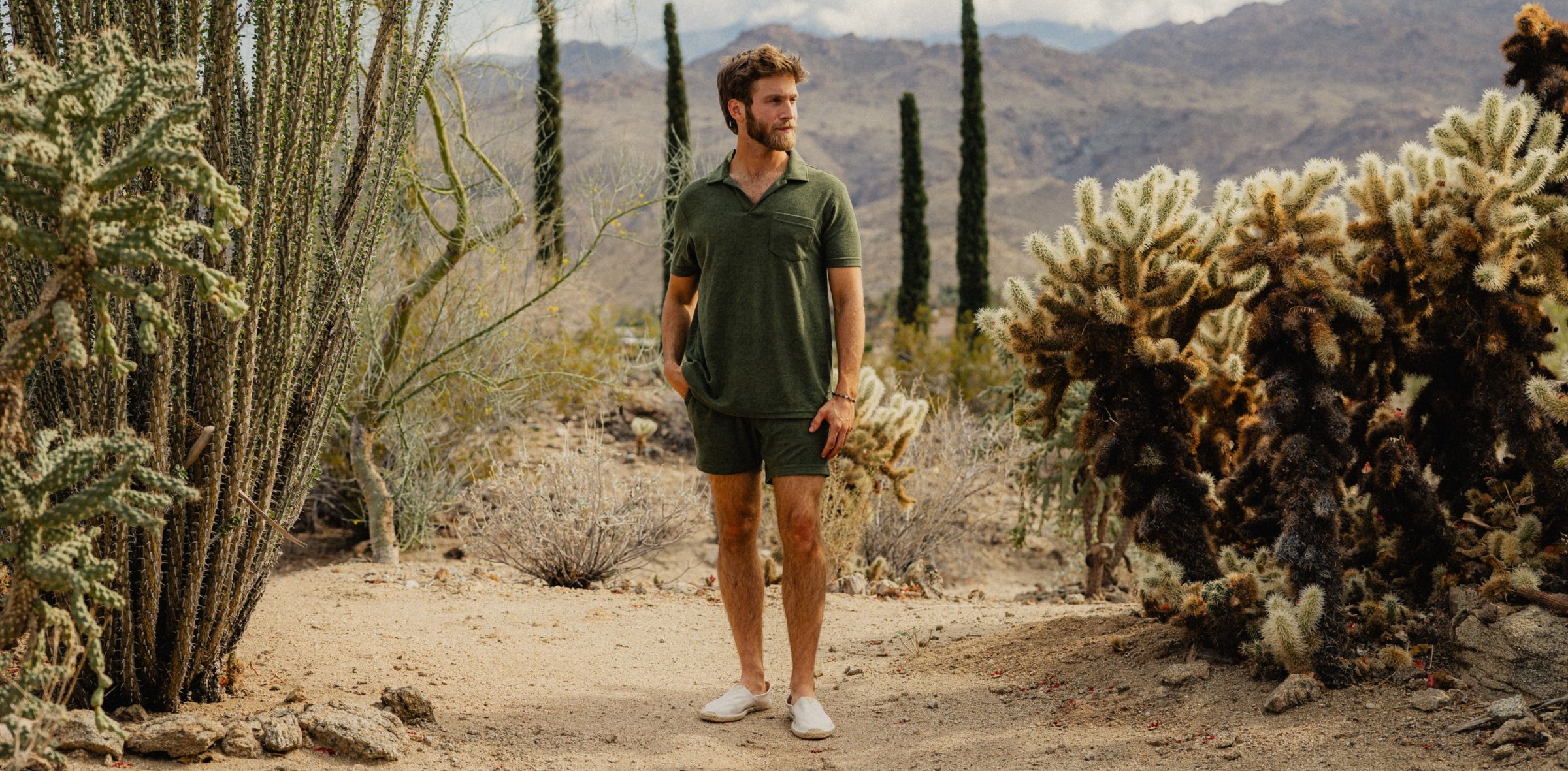 Model wearing Coastal Terry Polo in Olive Green with Coastal Terry Shorts in Olive Green