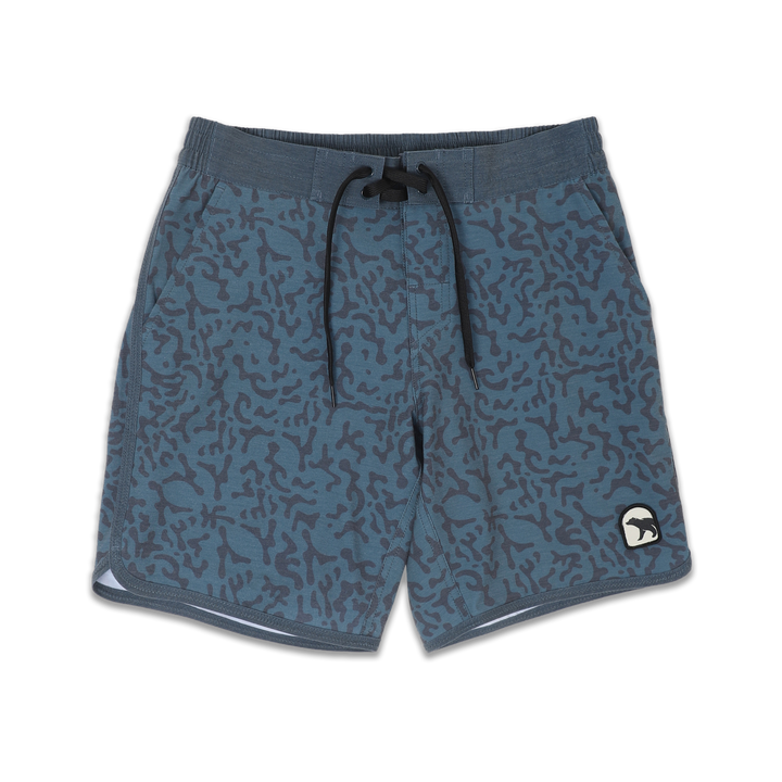 Board Short 8" Marsh print in blue with darker blue marsh pattern with flat front waistband and a black drawstring, elastic back waistband, and patch bear logo on bottom left leg