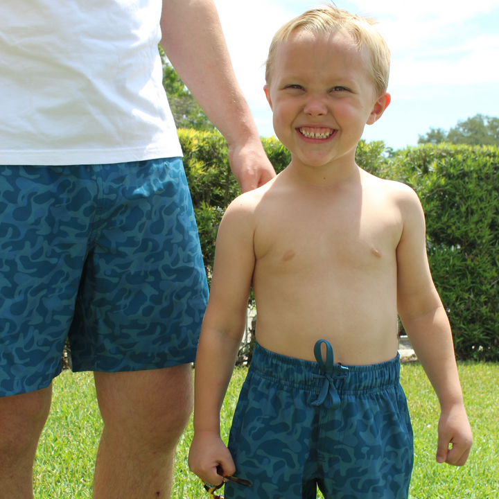Boys Stretch Swim Ripple on model with mens Stretch Swim Ripple