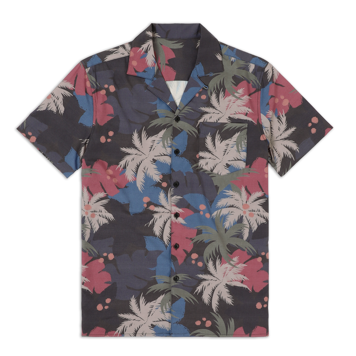 Cabana Camp Collar Shirt Coco front with camp collar, patch pocket on left chest, black buttons, and short sleeves