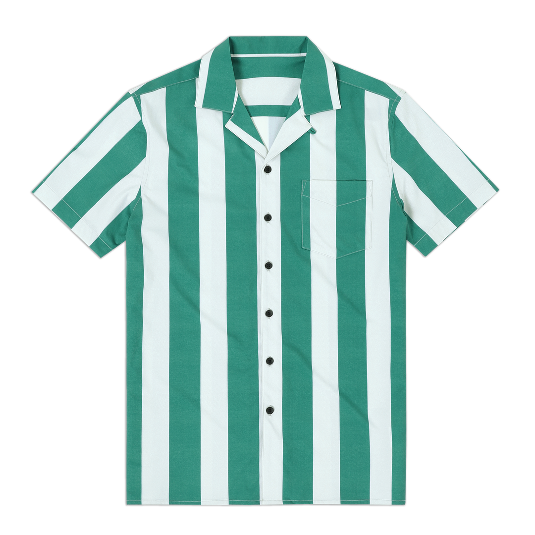 Cabana Camp Collar Shirt Green Stripe   front with camp collar, patch pocket on left chest, black buttons, and short sleeves