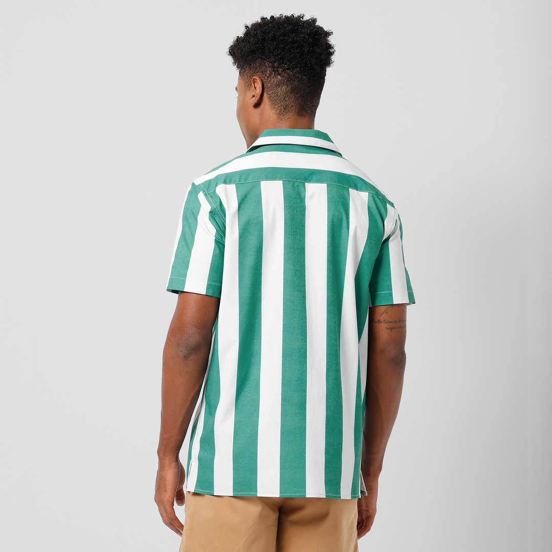Cabana Camp Collar Shirt Green Stripe back on model