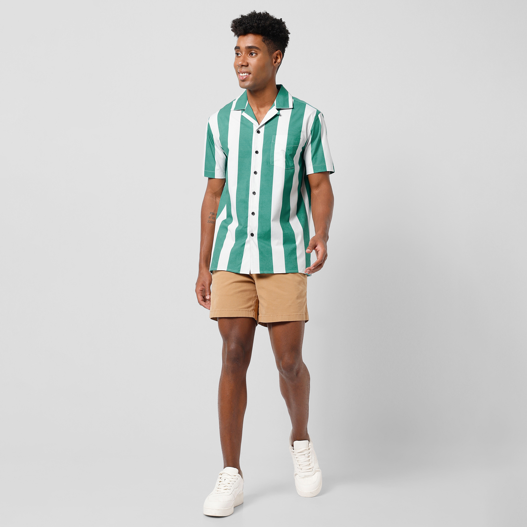 Cabana Camp Collar Shirt Green Stripe full body on model worn with Stretch Short Camel