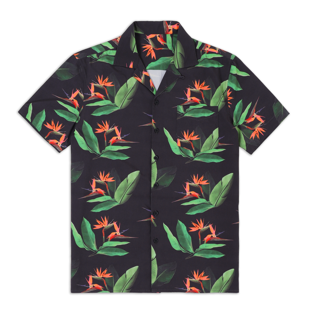 Cabana Camp Collar Shirt Paradise  front with camp collar, patch pocket on left chest, black buttons, and short sleeves