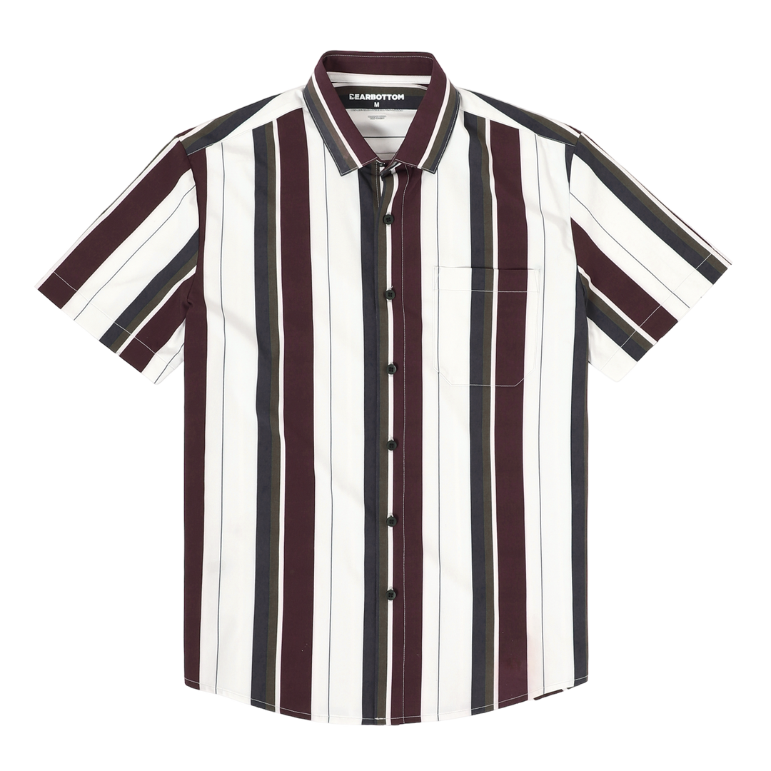 Cabana Shirt Vintage Stripe front, a white print with grey maroon and white stripes on a short sleeve button down collared shirt with a front left patch pocket