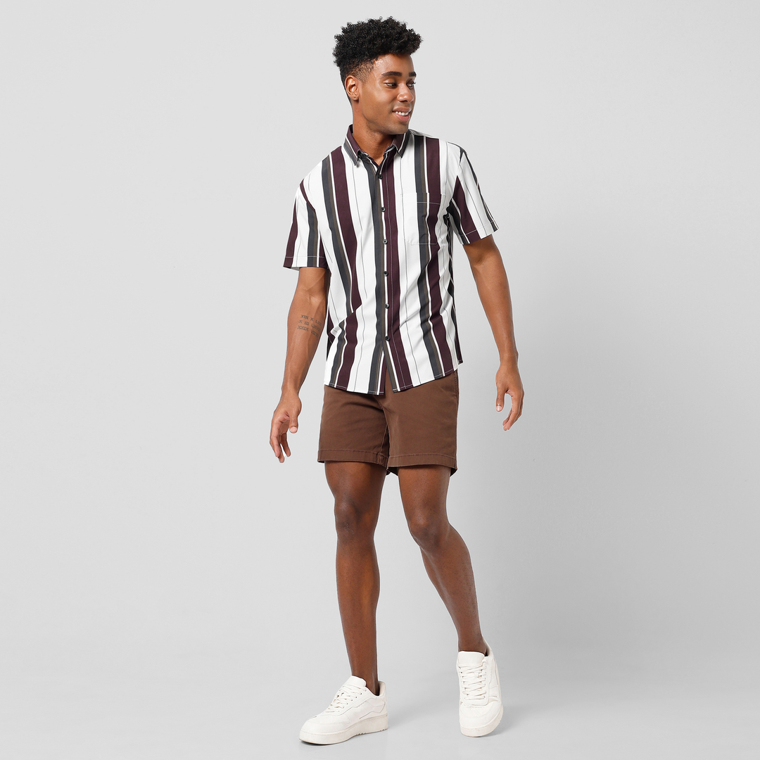 Cabana Shirt Vintage Stripe on model worn with Stretch Short cocoa