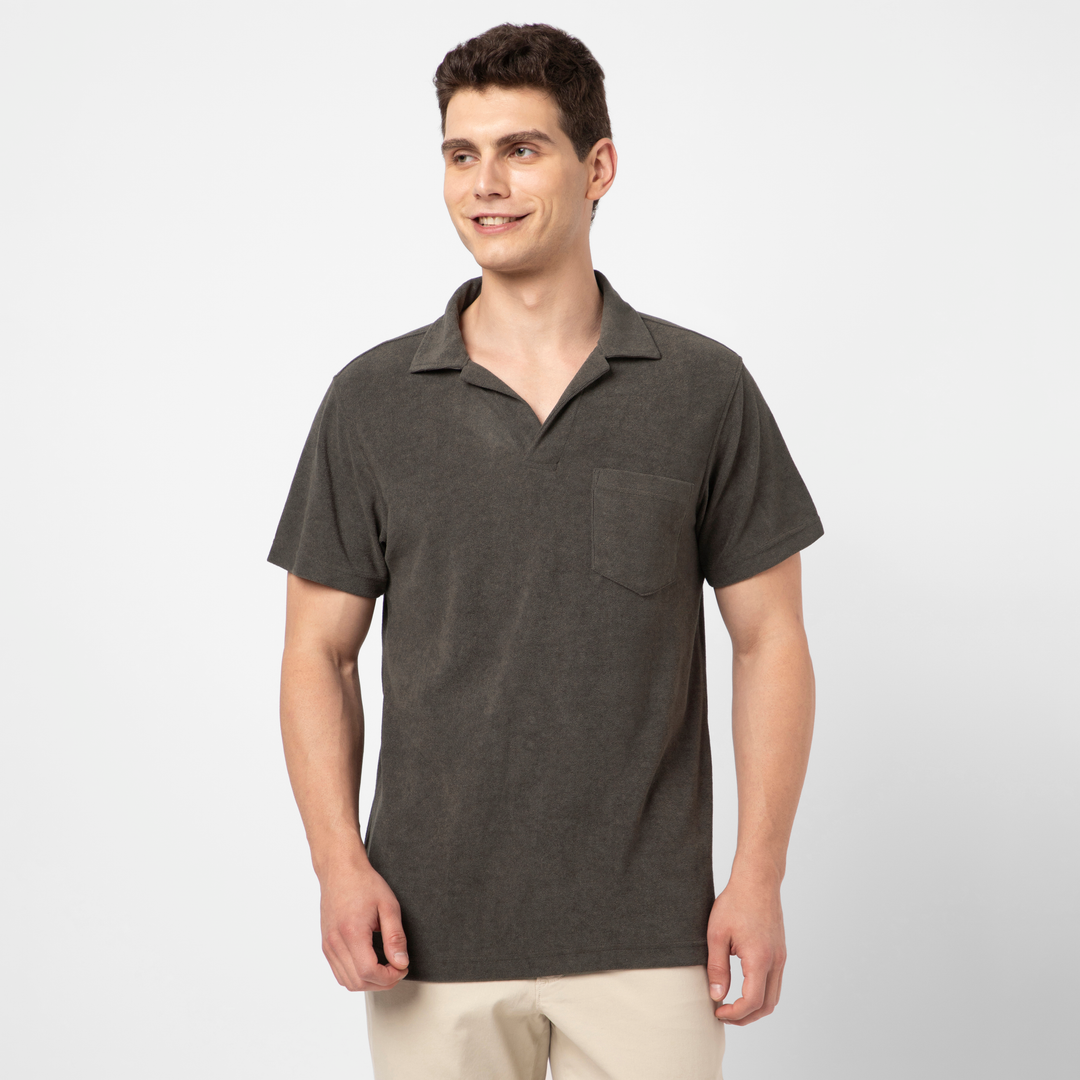 Coastal Terry Polo Dark Grey front on model