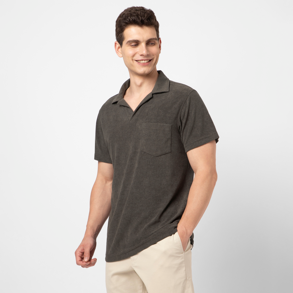 Coastal Terry Polo Dark Grey side on model