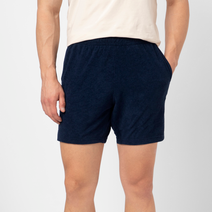 Coastal Terry Short 5 Navy front on model