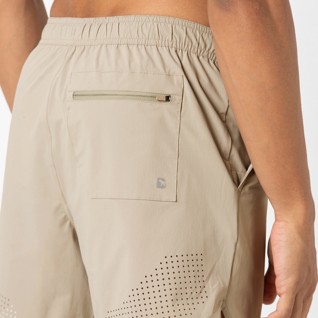 Echo Short 5 Khaki Close up Back on Model
