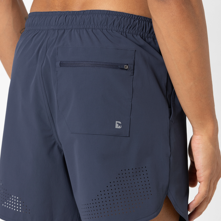 Echo Short 5 Navy Close up Back on Model