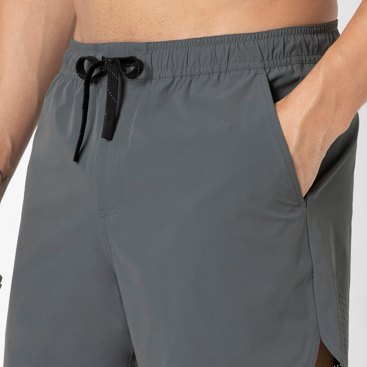 Echo Short Lined 5 Grey Close up Front on Model