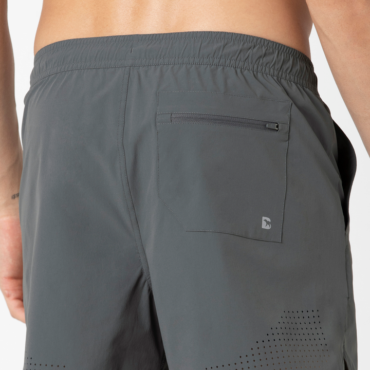 Echo Short Lined 5 Grey Close up Back on Model