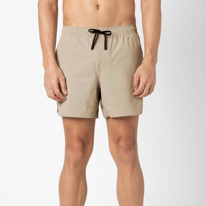 Echo Short Lined 5 Khaki Front on Model