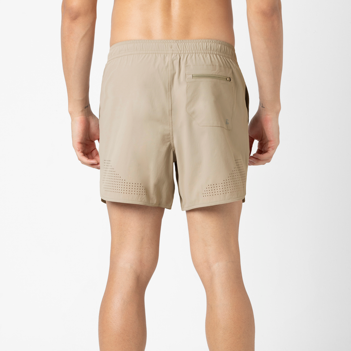Echo Short Lined 5 Khaki Back on Model