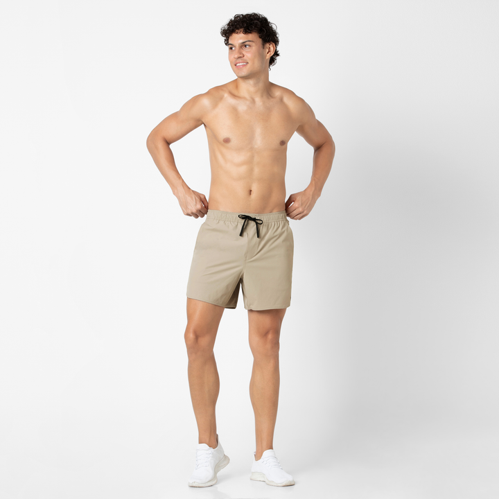Echo Short Lined 5 Khaki Full Body on Model