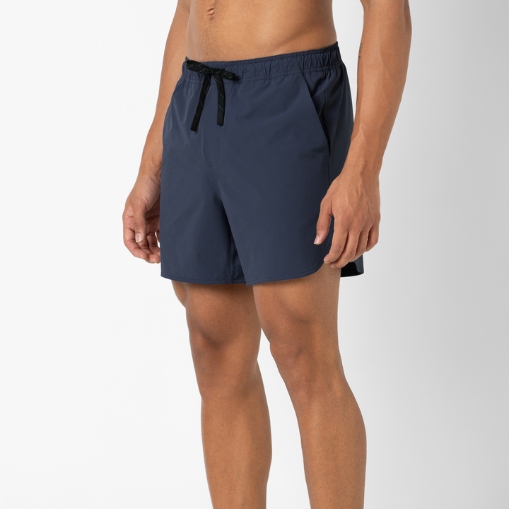 Echo Short Lined 5 Navy Side on Model