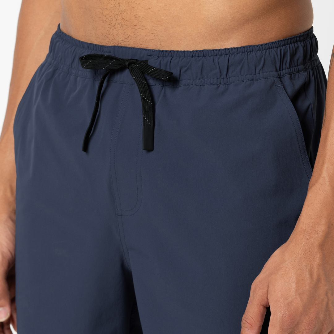 Echo Short Lined 5 Navy Close up Front on Model