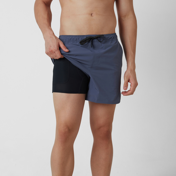 Echo Short Lined 5 Navy Liner Front on Model