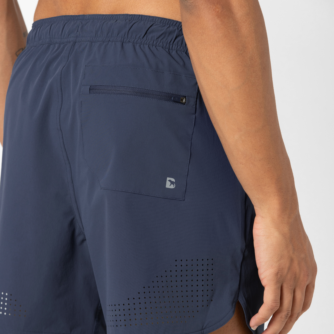 Echo Short Lined 5 Navy Close up Back on Model