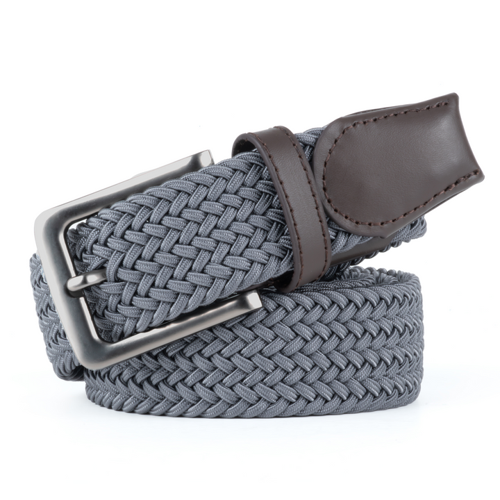 Stretch Woven Belt Grey close up of buckle and leather end