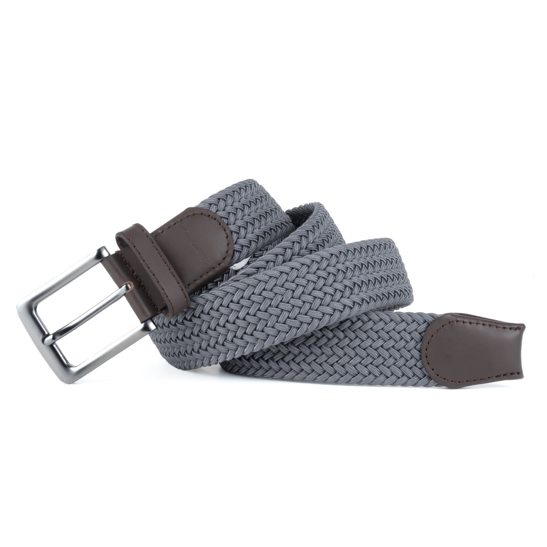 Stretch Woven Belt Grey rolled up and displaying buckle and leather end 