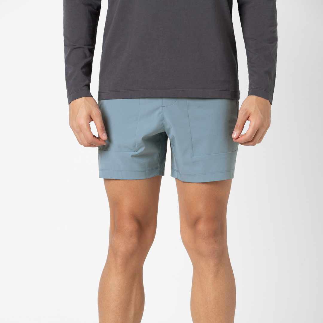 Guide Short 5" Dusty Blue front on model