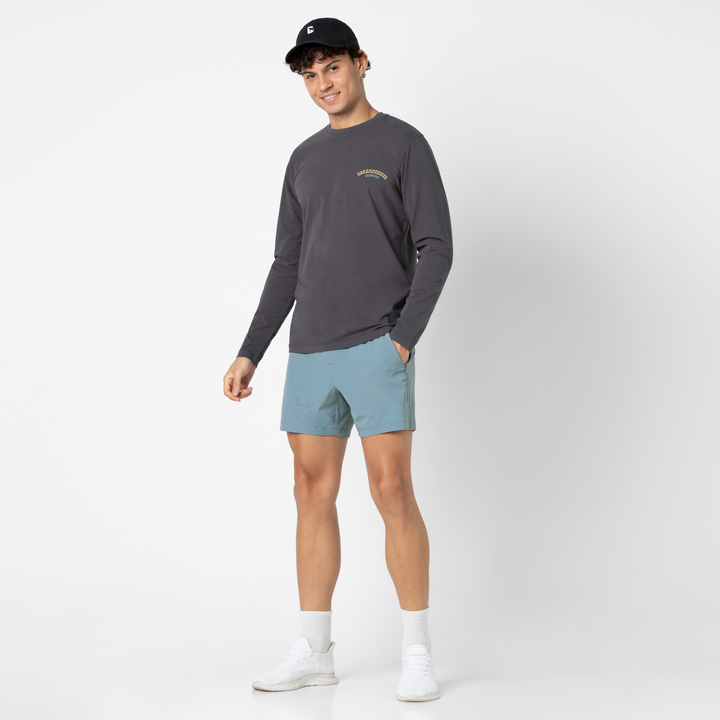 Guide Short 5" Dusty Blue full body on model