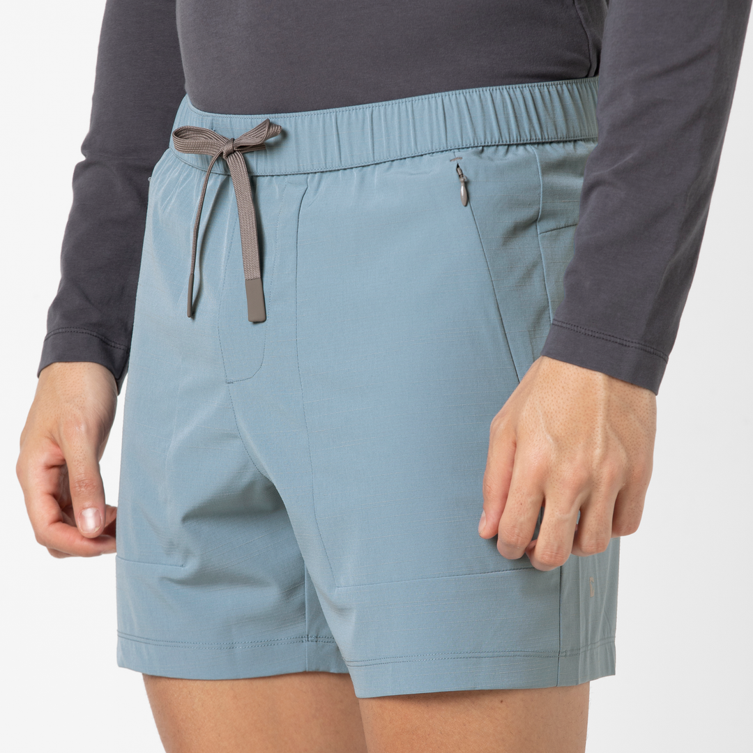 Guide Short 5" Dusty Blue close up front on model
