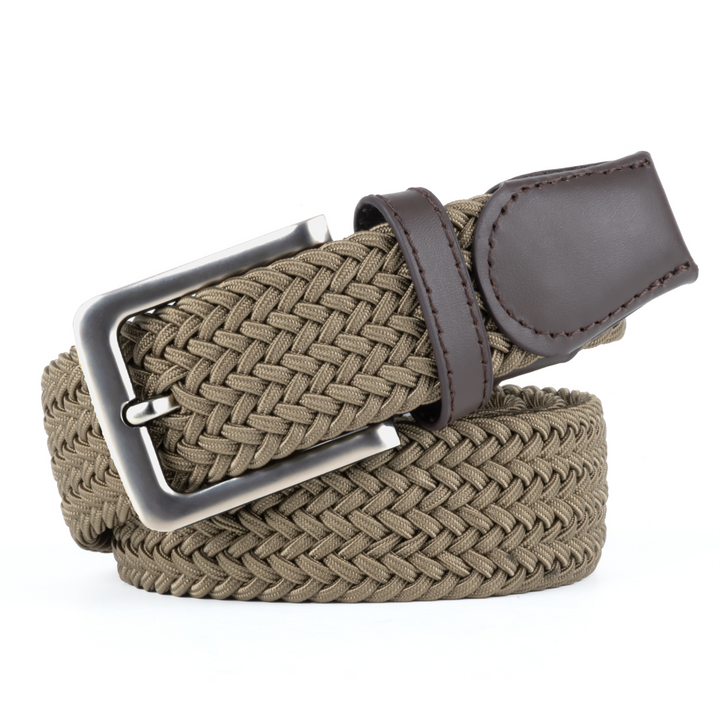 Stretch Woven Belt Olive Khaki rolled up and dislaying metal buckle