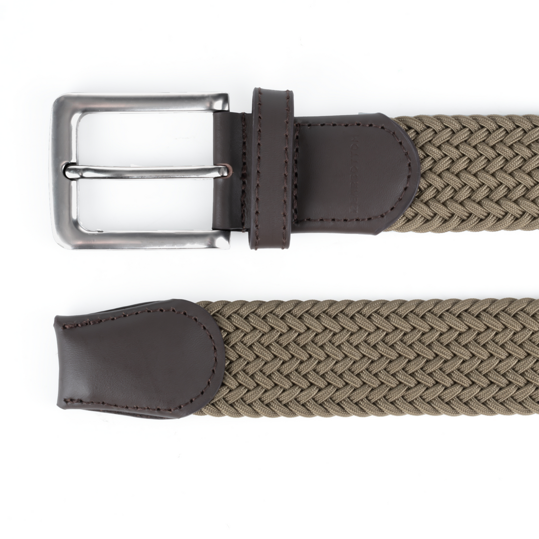 Stretch Woven Belt Olive Khaki close up of just metal buckle and leather end