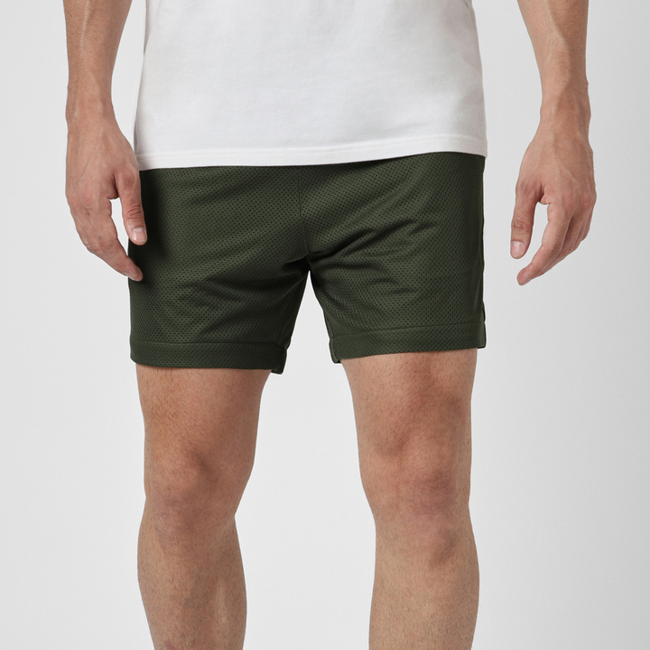 Mesh Short 5.5" Military Green front on model