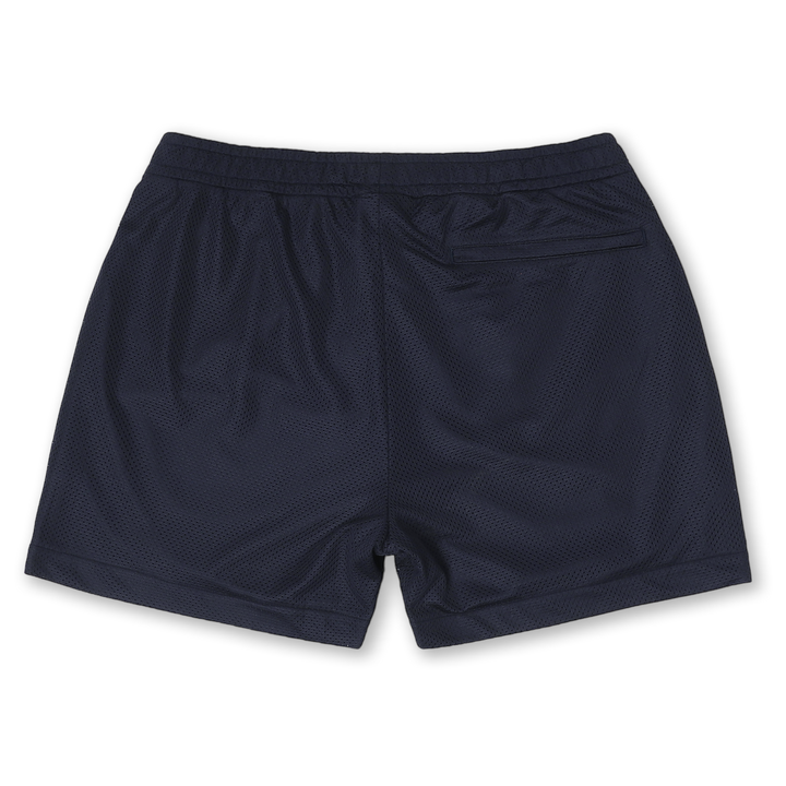 Mesh Short 5.5" Navy back with elastic waistband and back right hidden zipper pocket