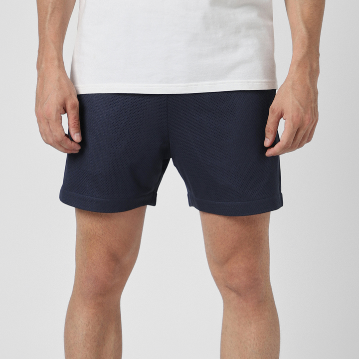 Mesh Short 5.5" Navy front on model