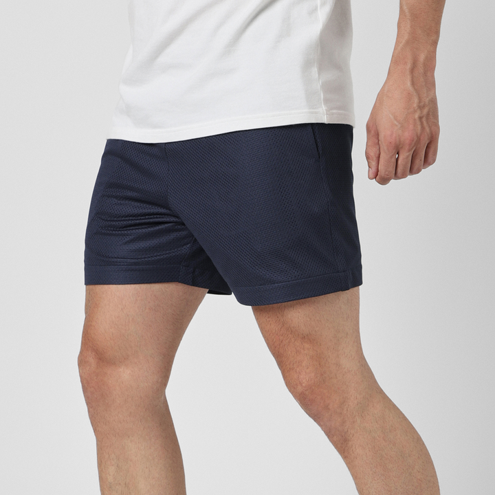 Mesh Short 5.5" Navy left side on model