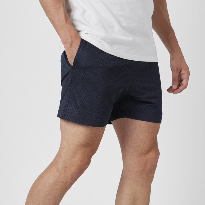 Mesh Short 5.5" Navy right side on model