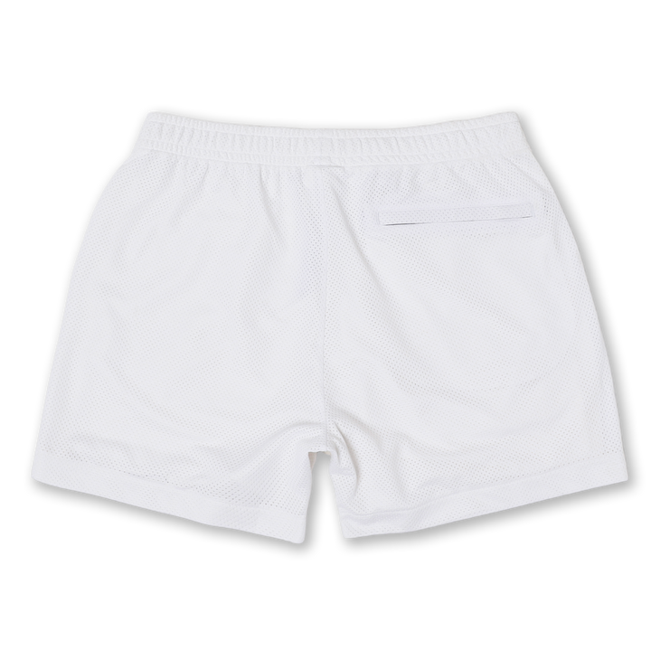 Mesh Short 5.5" White back with elastic waistband and back right hidden zipper pocket