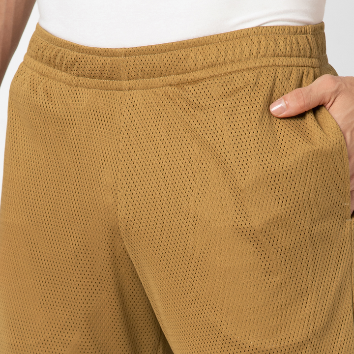 Mesh Short 5.5" British Khaki close up front on model