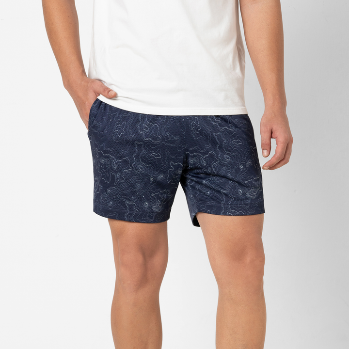 Mesh Short 5.5" Topo Navy front on model