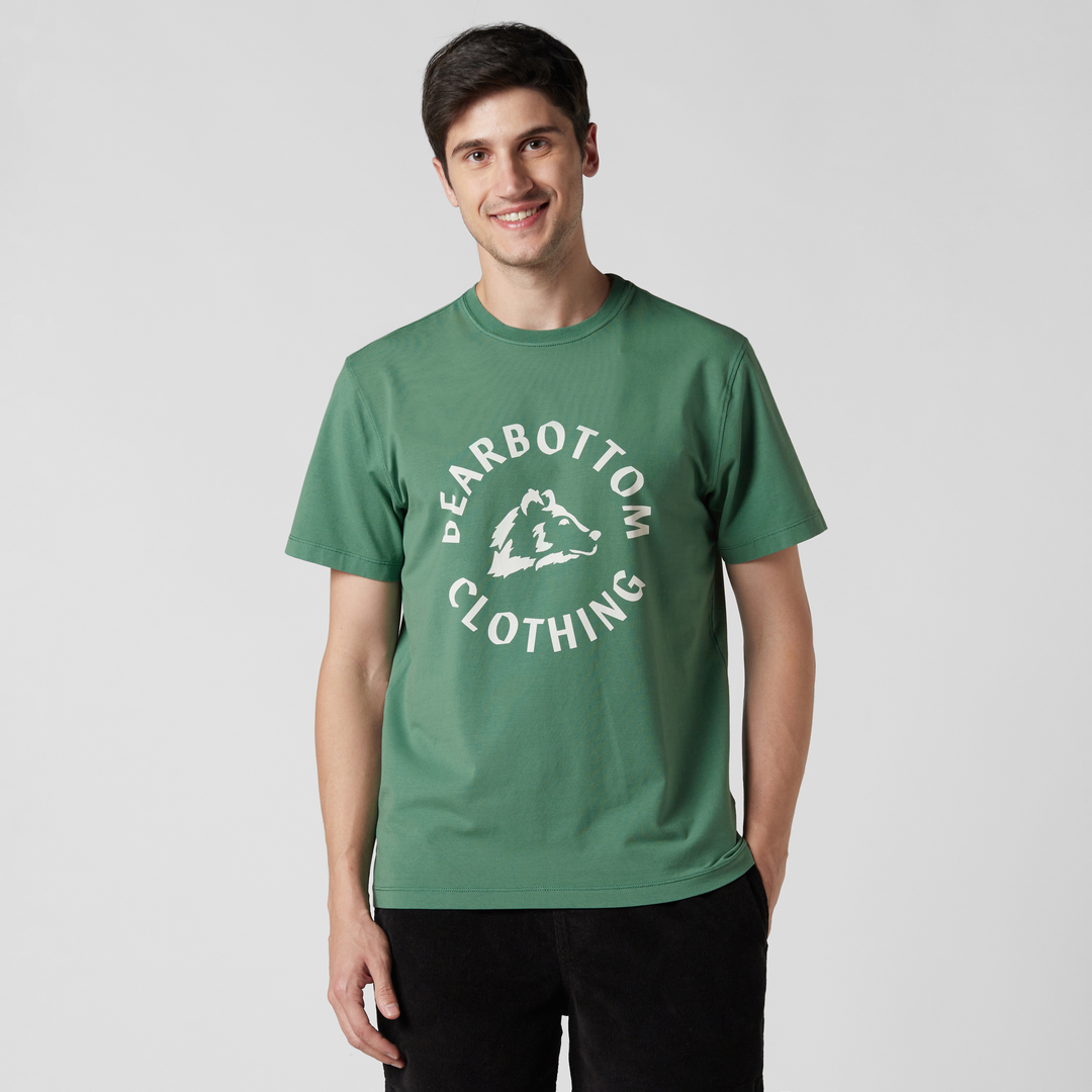 Natural Dye Graphic Tee Green Bear front on model