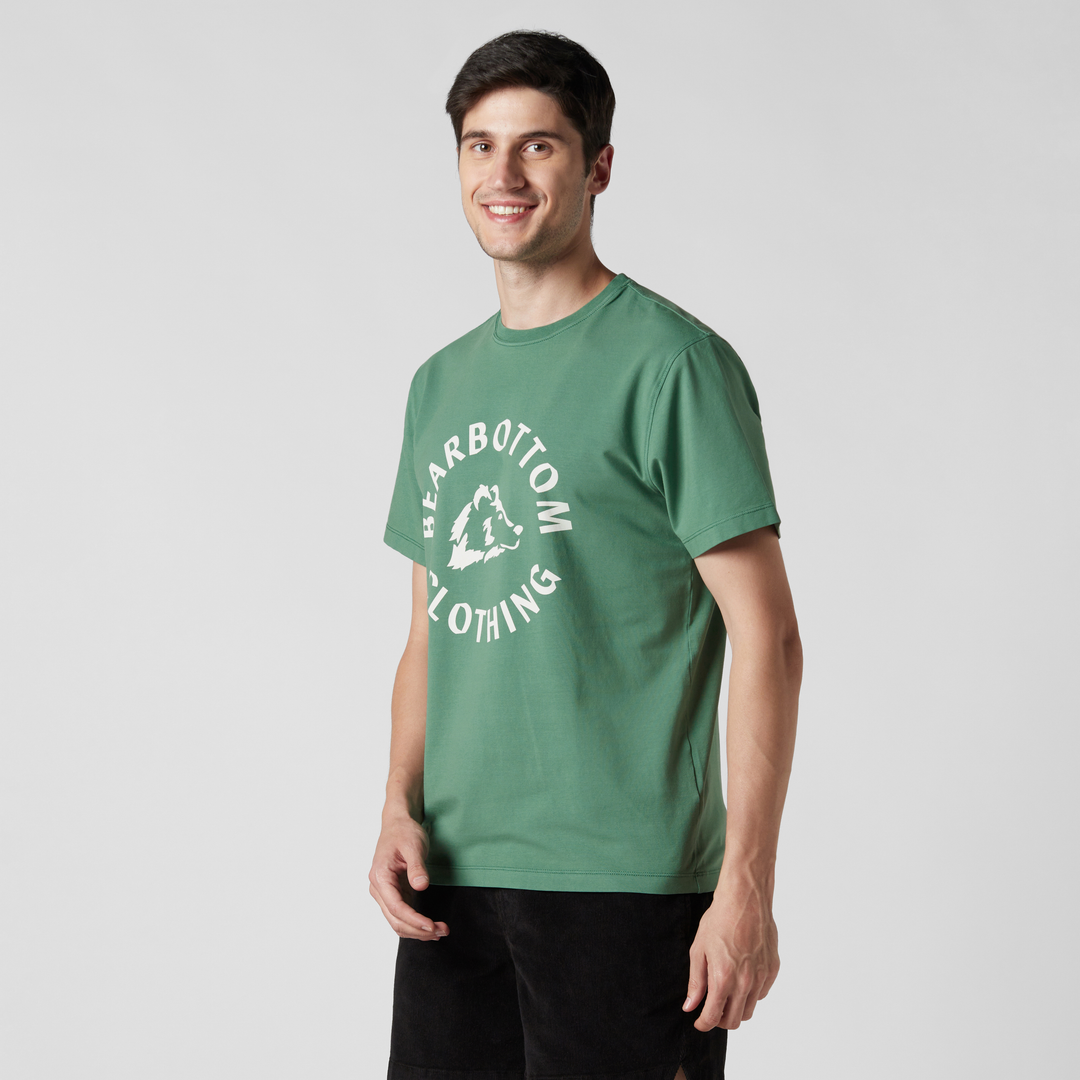 Natural Dye Graphic Tee Green Bear side on model