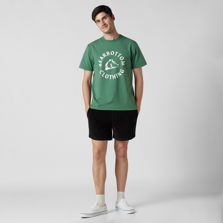 Natural Dye Graphic Tee Green Bear full body on model