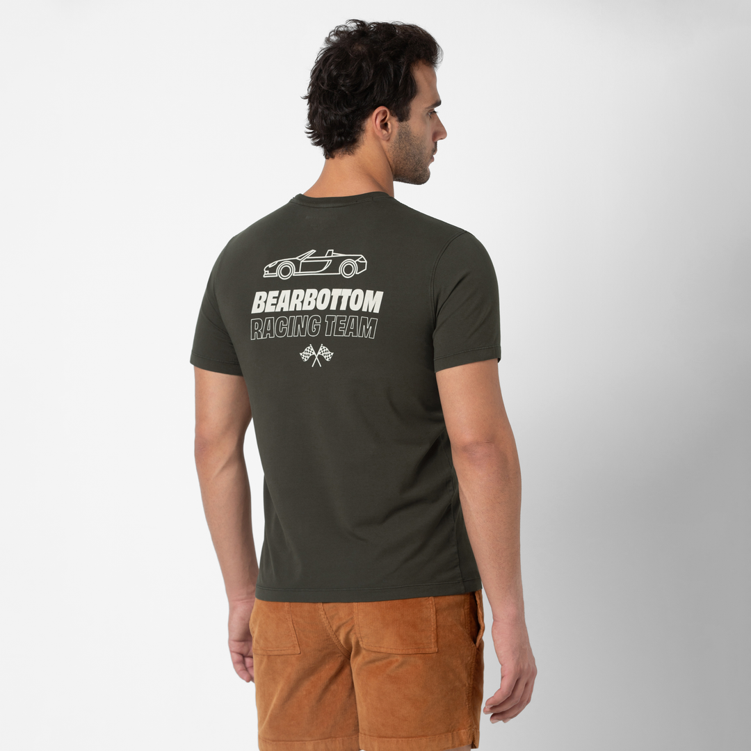 Natural Dye Graphic Tee Racing back on model